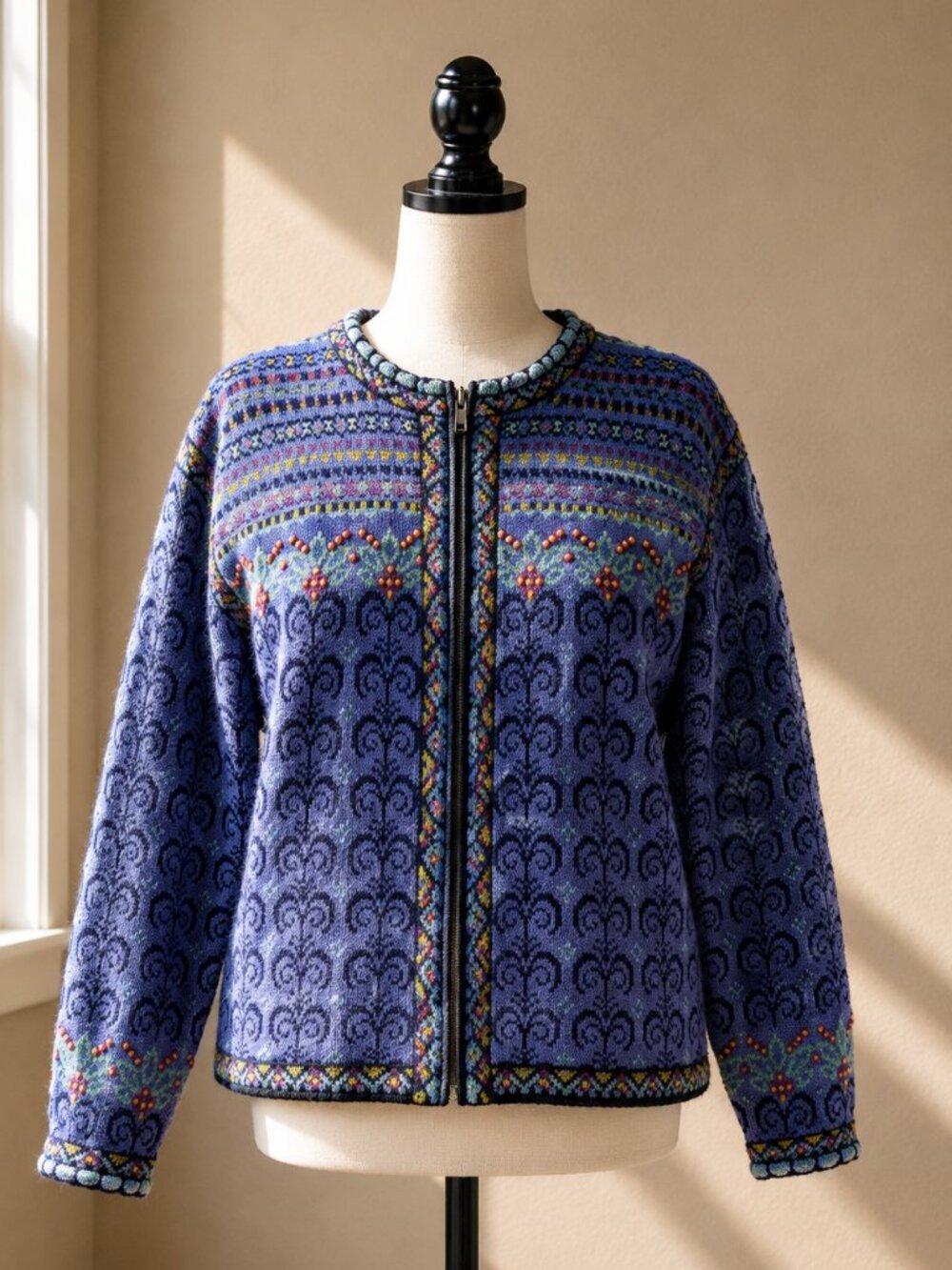 Vintage Icelandic Design Periwinkle Nordic Fair Isle Zip sweater Jacket Size L
